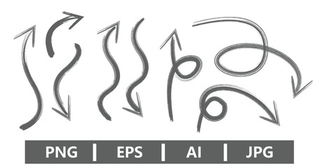 Collection of hand drawn arrows in various shapes and directions on a white background