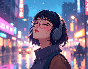 Anime Girl with Headphones Smiling in Rainy Neon City, Peaceful Night Illustration