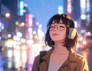 Anime Girl with Headphones Enjoying Rainy Night in City, Relaxing Neon Urban Scene