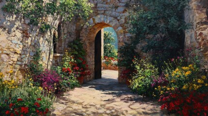 Obraz premium Charming Mediterranean stone courtyard with blooming colorful flowers, ancient arch doorway, rustic garden pathway, and lush plants in warm sunlight.