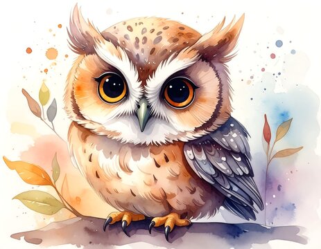 Cute owl watercolor illustration