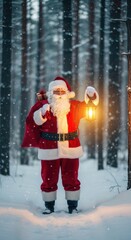 Santa Claus walking through a snowy forest with a lantern, symbolizing Christmas spirit, warmth, and the wonder of the holiday season.