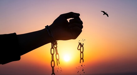 Hand breaking chains symbolizing freedom independence liberation social justice under sunset sky
