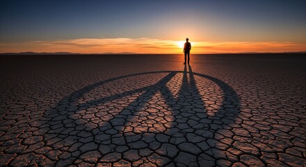 Silhouette of a person casting a peace sign shadow on a cracked desert sunset