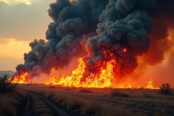 Dramatic Inferno Intense Orange and Yellow Flames Consume Dry Brush, Billowing Smoke Against a Sky, Illustrating the Raw Power and Danger of Nature.