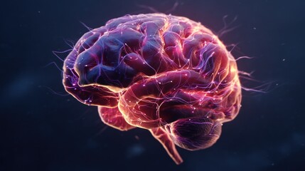 A glowing, three-dimensional anatomical representation of a human brain against a dark background, showcasing neuron pathways