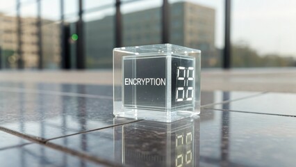 Transparent cube displaying encryption and digital numbers outdoors