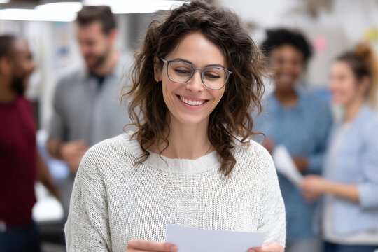 happy accountant receiving congratulations card from colleagues in office, teamwork and appreciation, 