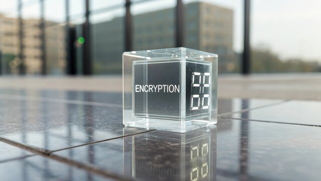 Transparent cube displaying encryption and digital numbers outdoors