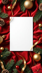 Elegant Holiday Card Mockup on Rich Red Fabric with Decorations
