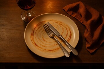 Culinary Symphony: An empty plate, fork, and knife, a glass of wine, and napkin rest gracefully on a dark wooden table, hinting at a delightful meal and cozy ambiance.