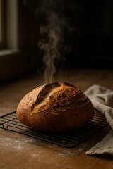 Warm Bread Aroma: A freshly baked, golden loaf of bread, steaming invitingly on a wire rack, captures the essence of home baking and culinary delights.