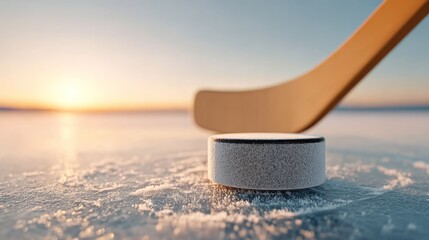 Frosty ice hockey puck, icy blue and warm orange, winter sports game.