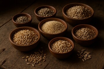 Grain Variety: A rustic display of various grains, showcasing the diversity of a harvest, each bowl brimming with a different grain type against a textured wooden surface.