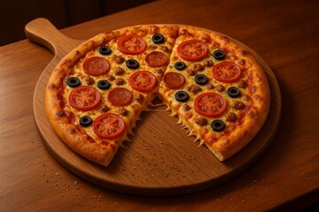 Delectable Pizza: A mouthwatering, freshly baked pizza, loaded with a variety of delectable toppings, rests invitingly on a wooden cutting board, ready to be enjoyed. 