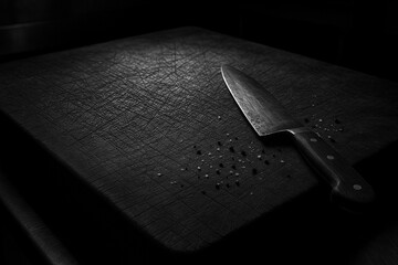 Culinary Precision: A striking monochrome composition of a sharp knife resting on a textured cutting board, speckled with spices, evokes the essence of culinary art.