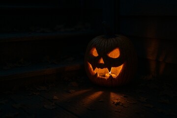 Spooky Jack-o'-Lantern on a Dark Night: An eerie illuminated jack-o'-lantern casts a warm, inviting glow against a dark night.