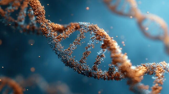 DNA helix rendering in gold and silver against a blue background, scientific visualization