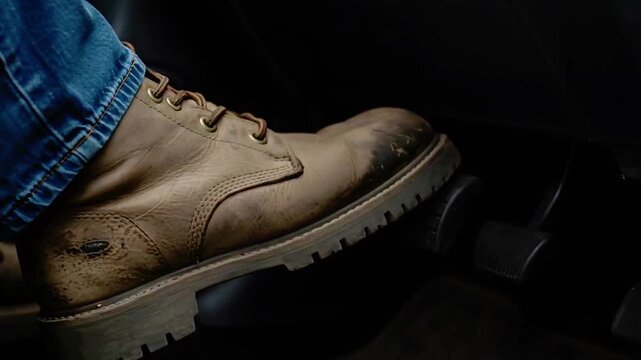 Foot in work boot pressing brake pedal inside vehicle  