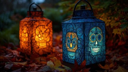 Día de Muertos and Yokai Fused Masks: A static illustration of a lantern carved fusing Mexican sugar skulls with Japanese yokai spirits, floating in a nighttime garden with LED autumn leaves halloween - Powered by Adobe