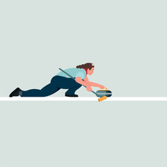 Vector illustration of the winter sport curling, featuring a curling stone sliding across the ice with a broom used to guide its path.