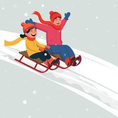 Vector illustration of girls joyfully sledding down a snowy mountain slope, enjoying the thrill and fun of the winter activity