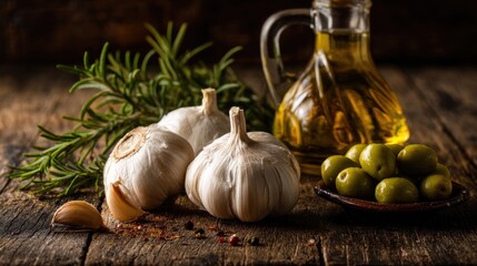 Rustic arrangement of garlic bulbs, rosemary sprig, olive oil bottle, and green olives in a small bowl, on a weathered wood surface