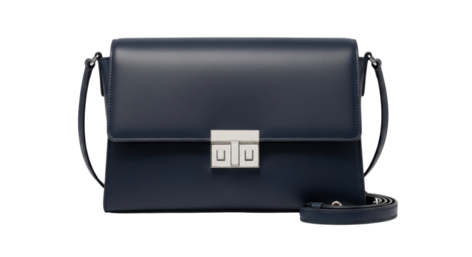 Navy blue leather handbag with silver clasp isolated PNG with Transparent Background