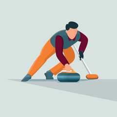 Vector illustration of the winter sport curling, featuring a curling stone sliding across the ice with a broom used to guide its path