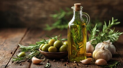A rustic scene features a glass bottle with herbs in golden oil, a bowl of green olives, garlic heads, cloves, fresh herbs, and peppercorns