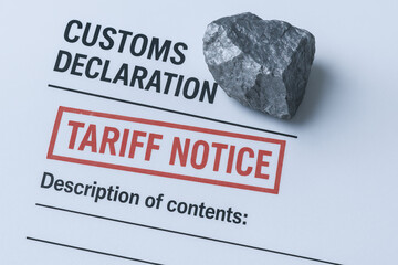 Customs declaration tariff notice rare earth geopolitical concept paper with metallic ore symbolizing mineral trade and import control policy tensions