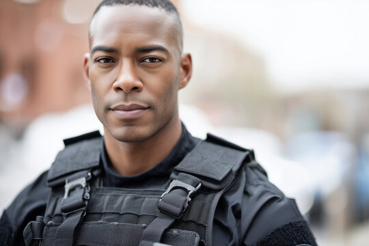 close-up portrait of federal marshal wearing tactical vest, calm and authoritative expression, 