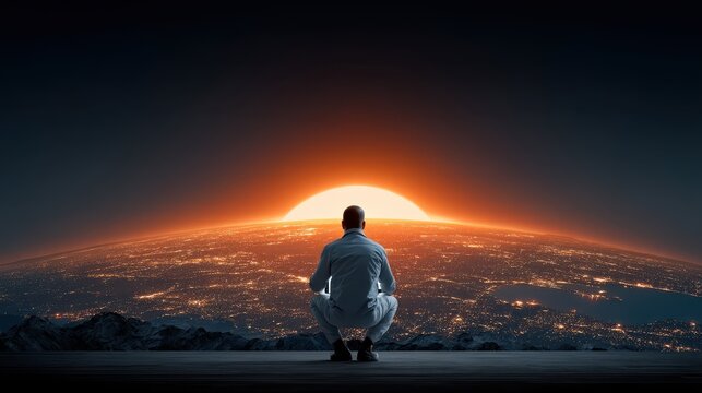 Contemplative Figure Overlooking Illuminated Cityscape Dawn