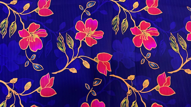 Vibrant floral pattern with pink flowers and golden leaves on a blue background - Powered by Adobe