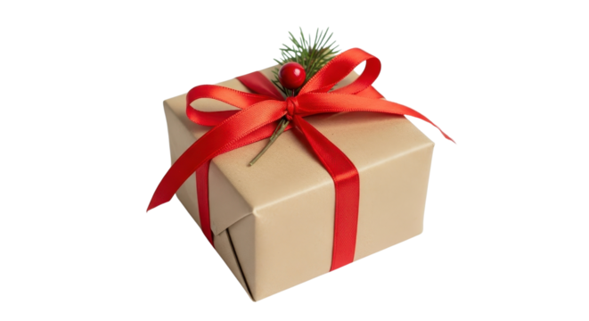 Wrapped gift box with red ribbon and Christmas greenery isolated PNG with Transparent Background