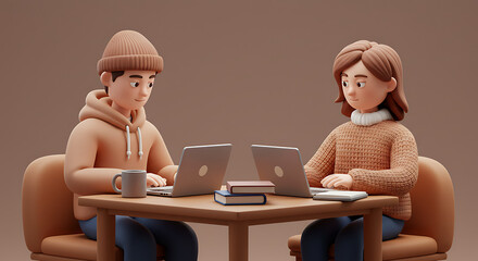 Two animated characters working at a table with laptops and books.
