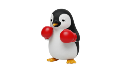 Penguin toy wearing red boxing gloves isolated PNG with Transparent Background
