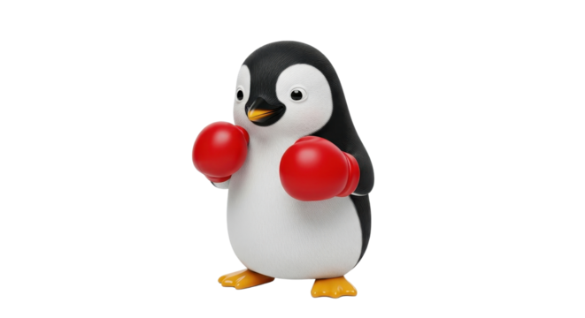 Penguin toy wearing red boxing gloves isolated PNG with Transparent Background