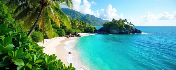 Tropical Island Paradise Pristine White Sand Beach, Turquoise Ocean, Lush Green Foliage - Idyllic Vacation Getaway