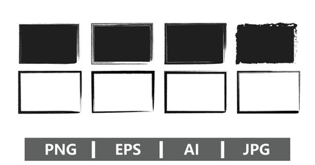 Eight rectangular frames with grunge and clean borders in black and white colors
