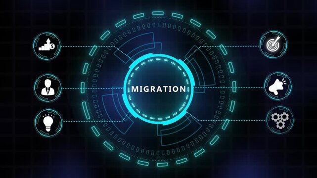 Migration, Hologram Futuristic Interface Concept. Internet, business, Technology and network concept. Digital technology 4k video animation.