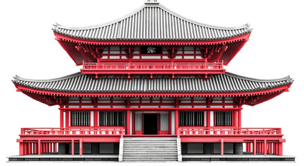 Two-story red pagoda with grey tiled roof and steps leading to an arched entrance