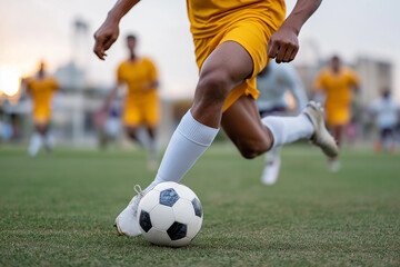 Obraz premium Close up, Midfielder taking a powerful free kick during a soccer match