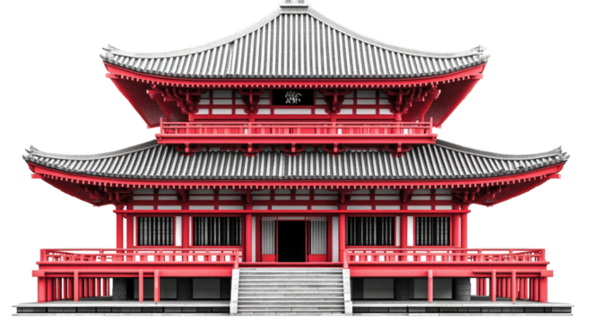 Two-story red pagoda with grey tiled roof and steps leading to an arched entrance