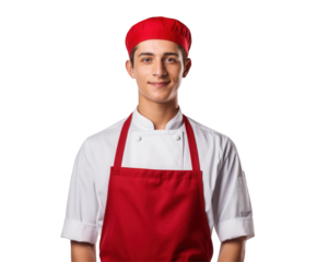 Friendly young chef in red apron ready to cook delicious meals, perfect for culinary schools, restaurant promotions, or food industry marketing campaigns