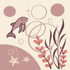 Whimsical underwater scene with a playful fish starfish and aquatic plants in muted pastel colors and abstract circular shapes