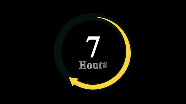 Stopwatch moving clock icon animation with 7 hours countdown clock icon, a dynamic circle and 7 hours clock loading icon animation on black background. - Powered by Adobe