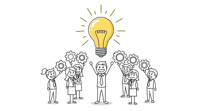 Cheerful stick figure presents data analytics on a desktop screen in a hand-drawn illustration style