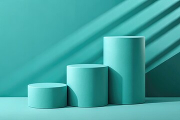 Three cyan cylinder podiums of varying height cyan with diagonal shadow lines