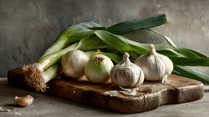 Garlic onion leek bulb root vegetable rustic wooden board kitchen fresh organic Aromatic garlic and onion with leek rustic wooden board